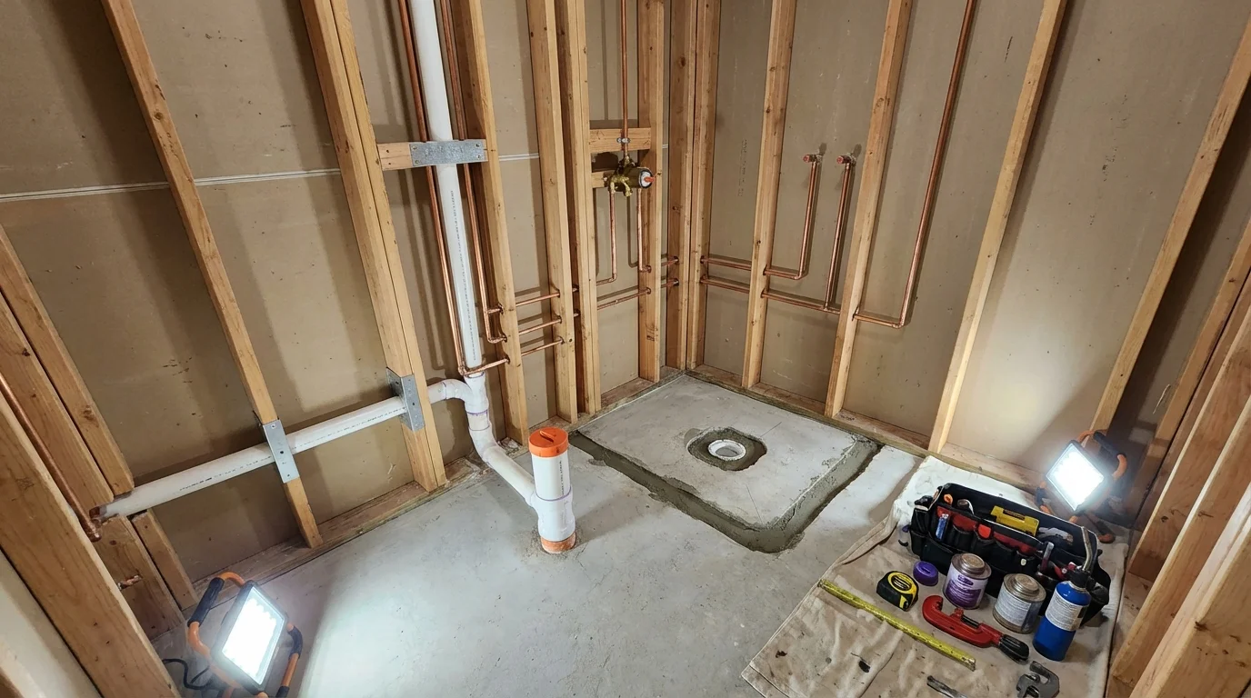 Bathroom rough-in plumbing during remodel by Johns Plumbing LLC in Smithsburg