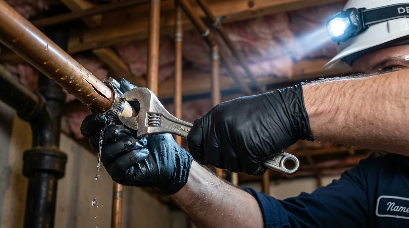 Emergency pipe clamp repair being performed by a Johns Plumbing LLC plumber in Smithsburg
