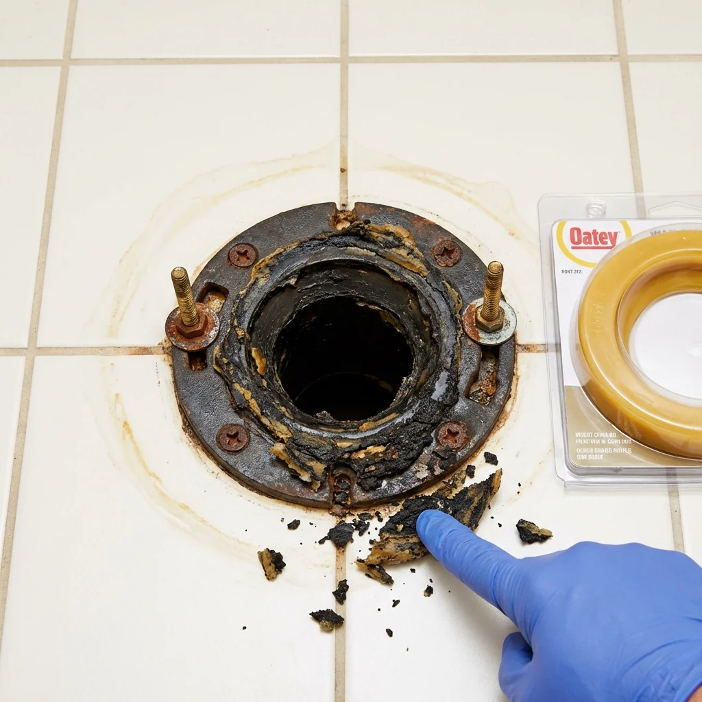 Failed wax ring showing water seepage at the base of a toilet in a Smithsburg, MD home