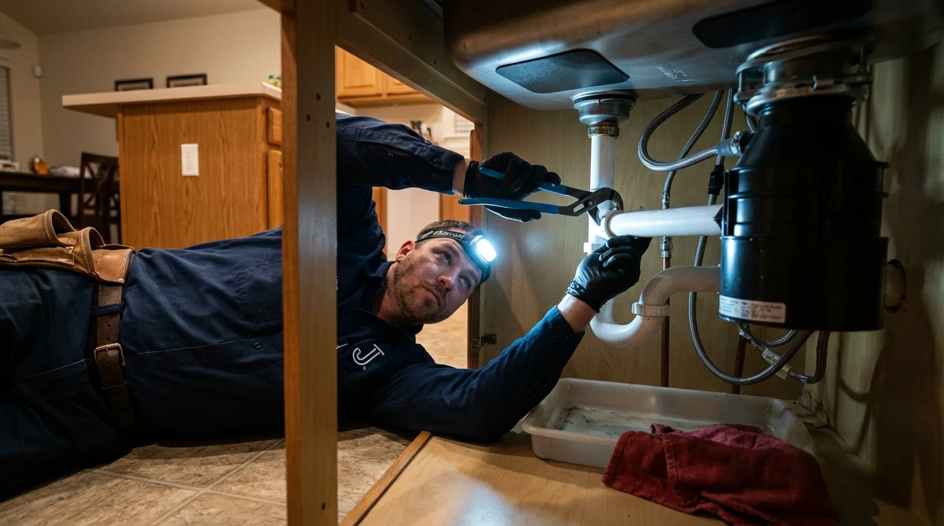 P-trap and supply line connections under a kitchen sink showing a common leak point in Smithsburg, MD